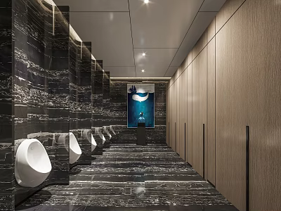 Modern Hotel Bathroom Interior With Marble Surfaces Urinals Stalls And Elegant Lighting 3d model