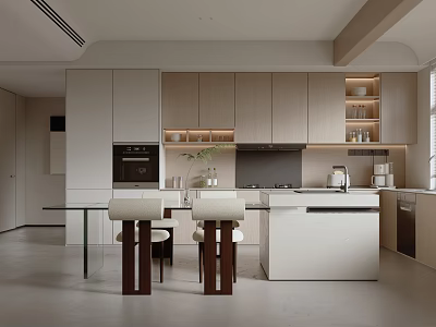Minimalist Modern Kitchen With Wooden Cabinets White Island Counter And Chairs 3d model