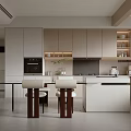 Minimalist Modern Kitchen With Wooden Cabinets White Island Counter And Chairs