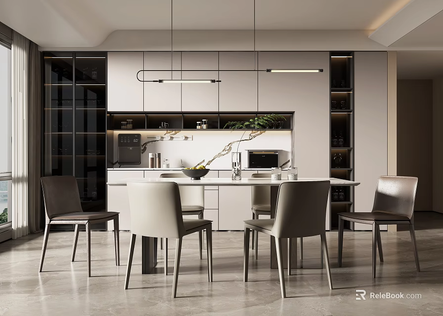 Elegant Modern Restaurant Interior With Open Dining Table And Leather Chairs 3d model 