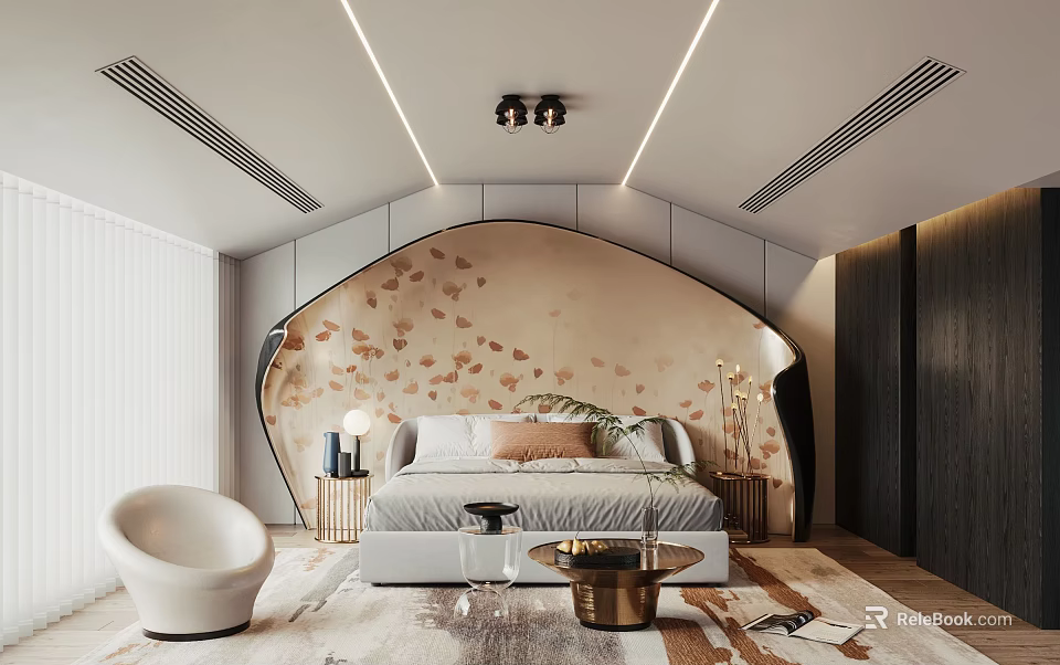 Modern Bedroom Interior Design Featuring Decorative Wall Bed Accent Chair And Rug 3d model 