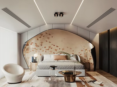 Modern Bedroom Interior Design Featuring Decorative Wall Bed Accent Chair And Rug 3d model
