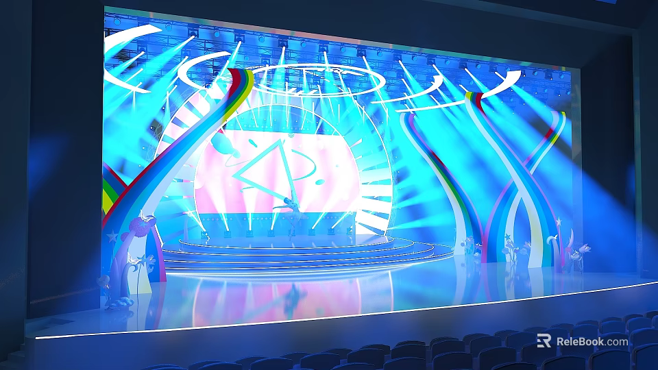 Vibrant Stage Design With Blue Lighting Curved Structures And Auditorium Seats 3d model