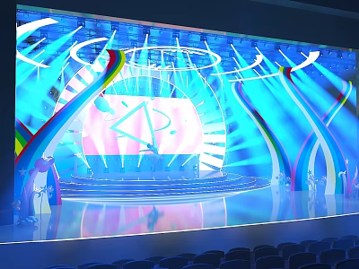 Vibrant Stage Design With Blue Lighting Curved Structures And Auditorium Seats 3d model
