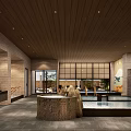Tranquil SPA Sauna Interior Featuring Hot Spring Pool Wooden Ceiling Mountain Mural And Stone Pillars