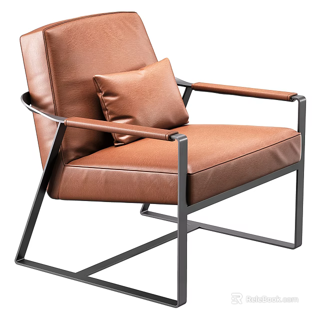 Brown Leather Leisure Chair With Metal Frame And Matching Accent Pillow 3d model 