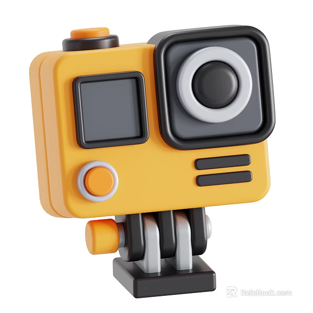 Yellow Cartoon Style Camera With Black Lens And Tripod Stand Design 3d model 