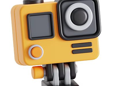 Yellow Cartoon Style Camera With Black Lens And Tripod Stand Design 3d model