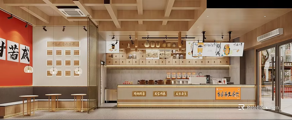 Cozy Bubble Tea Shop Interior With Wooden Ceiling Counter Drinks Display And Menu Boards 3d model 