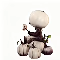 Decorative Ornament Set Featuring Stitched Doll Figure Sitting On Pumpkins With Green Leaves