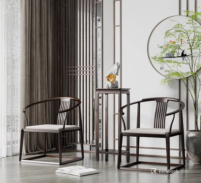 Chinese Style Armchairs With Dark Wooden Frame And Light Colored Cushion In Elegant Interior 3d model 