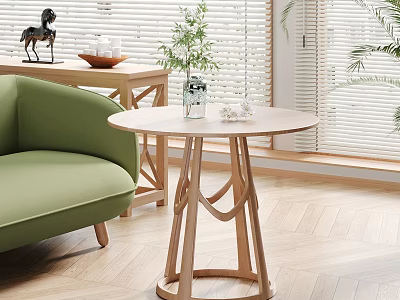 Wooden Side Table With Curved Legs In Living Room By Green Sofa And Decorations 3d model