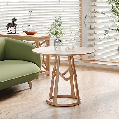 Wooden Side Table With Curved Legs In Living Room By Green Sofa And Decorations 3d model