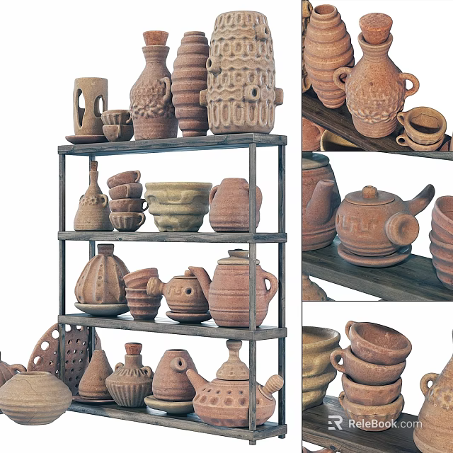 Ceramic Tableware Collection on Multi Tiered Wooden Shelves with Bowls Jars Teapots and Cups 3d model 