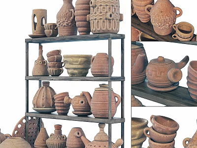 Ceramic Tableware Collection on Multi Tiered Wooden Shelves with Bowls Jars Teapots and Cups 3d model