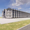 Modern Multi Story Office Building With Large Glass Windows Parked Cars And Landscaped Area
