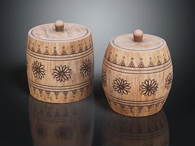 Decorative Carved Wooden Containers With Floral And Geometric Patterns On Lids 3d model