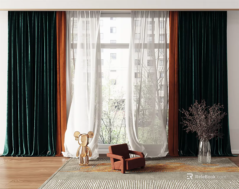 Dark Green Velvet Curtains With White Sheer Panels At Window Interior With Natural Light 3d model 