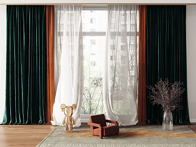 Dark Green Velvet Curtains With White Sheer Panels At Window Interior With Natural Light 3d model