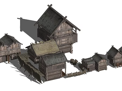 Traditional Ancient Architecture With Wooden Structures Sloped Roofs And Village Fences 3d model
