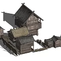Traditional Ancient Architecture With Wooden Structures Sloped Roofs And Village Fences