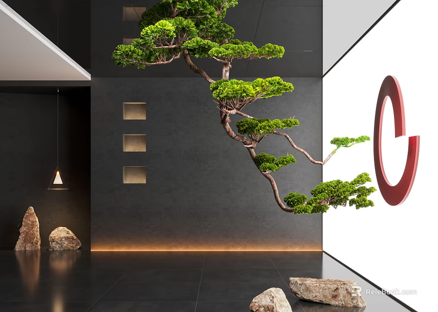 Modern Indoor Landscape Design Featuring Decorative Pine Tree Stone Ornaments And Gray Wall 3d model