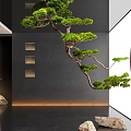 Modern Indoor Landscape Design Featuring Decorative Pine Tree Stone Ornaments And Gray Wall 3d model