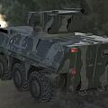 Military Armored Vehicle with Camouflage 6x6 Wheel Configuration Roof Mounted Weapon System in Outdoor Environment