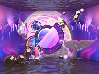 Futuristic Abstract Art Scene With Geometric Shapes Water Ripple Floor And Purple Pink Hues 3d model