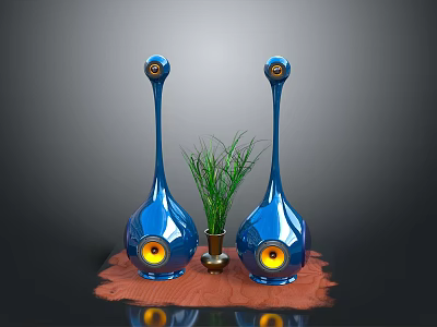 Modern Blue Vase Shaped Speakers With Green Plant And Brown Mat 3d model