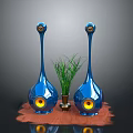 Modern Blue Vase Shaped Speakers With Green Plant And Brown Mat