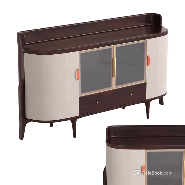Modern Dark Wood Sideboard With Light Colored Panel Glass Doors Red Handles And Slim Legs 3d model 