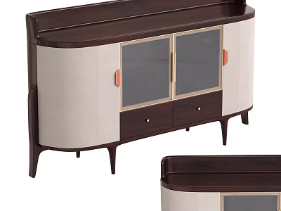 Modern Dark Wood Sideboard With Light Colored Panel Glass Doors Red Handles And Slim Legs 3d model
