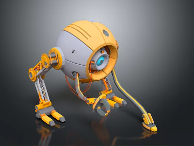 Yellow And Gray Robot Mechanical Creature With Large Blue Eye And Mechanical Legs 3D Design 3d model