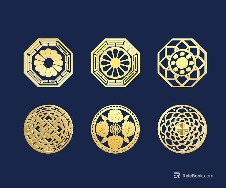 Golden Geometric Decorative Patterns With Intricate Ornamental Designs On Dark Blue Background 3d model 