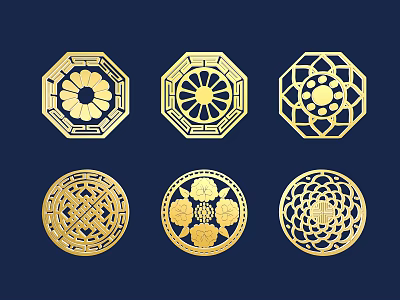 Golden Geometric Decorative Patterns With Intricate Ornamental Designs On Dark Blue Background 3d model