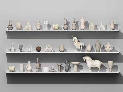 Ceramic Vessels Display On White Shelves With Various Shapes Vases And Animal Figurines 3d model