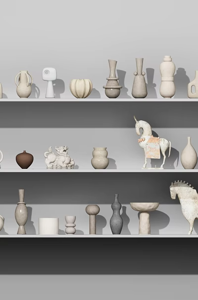 Ceramic Vessels Display On White Shelves With Various Shapes Vases And Animal Figurines 3d model