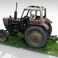 Old Rusty Tractor With Damaged Body And Large Wheels On Green Grass 3d model
