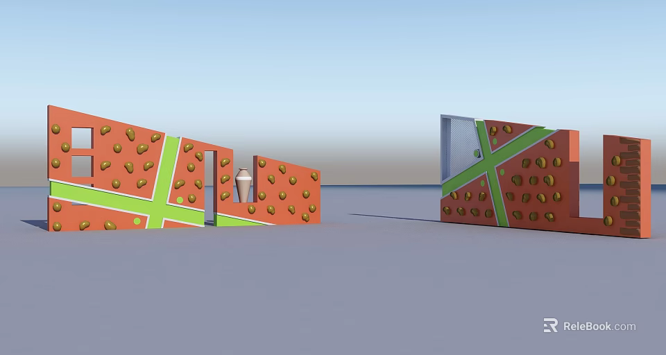 Outdoor Playground Equipment Featuring Orange Walls Green Cross Patterns Yellow Fruit Designs And White Cone 3d model 