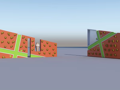 Outdoor Playground Equipment Featuring Orange Walls Green Cross Patterns Yellow Fruit Designs And White Cone 3d model