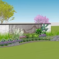 Garden Wall Surrounded By Green Plants Yellow Trees And Pink Flowering Herbs With Stones