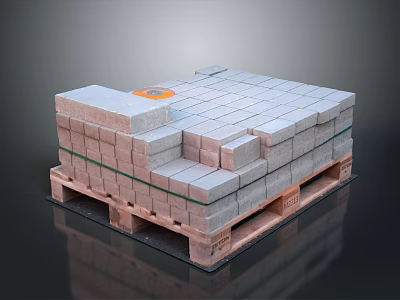 Stacked Gray Bricks on Wooden Pallet with Green Straps and Orange Label 3d model