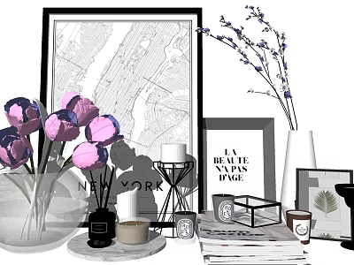 Decorative Ornament Set with Purple Tulip Bouquet Lavender Stems Art Prints Candles and Books 3d model