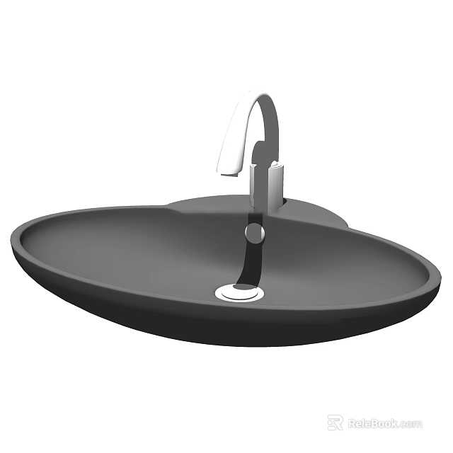 Oval Black Washbasin With Curved Silver Faucet And Modern Drain Design 3d model 
