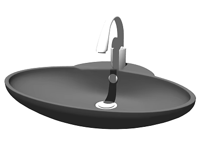 Oval Black Washbasin With Curved Silver Faucet And Modern Drain Design 3d model