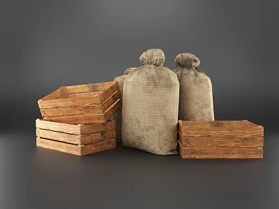 Textured Burlap Bags And Stacked Rustic Wooden Boxes On Gray Background 3d model