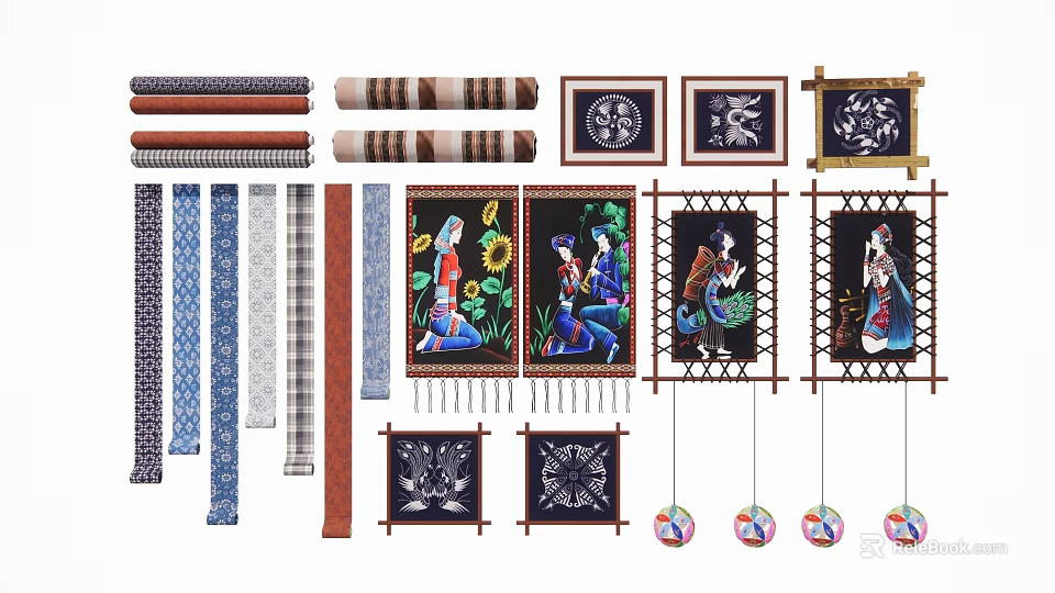 Traditional Decorative Wall Hangings With Scrolls Patterned Panels And Hanging Ornaments 3d model