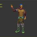 Man In Futuristic Yellow And Blue Outfit With Knee Pads Raising Hand Against Gray Background