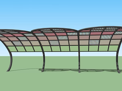 Modern Outdoor Pergola With Curved Metal Frame And Colored Panels 3d model